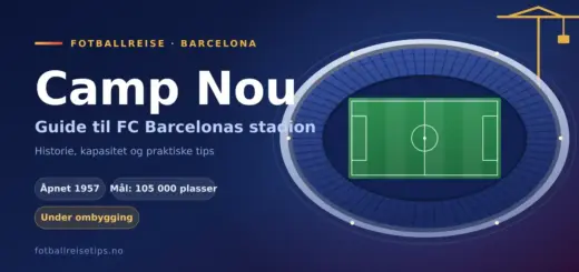 Illustrasjon av et ovalt fotballstadion sett ovenfra med en byggekran bak tribunene, ved siden av teksten «Camp Nou – guide til FC Barcelonas stadion».