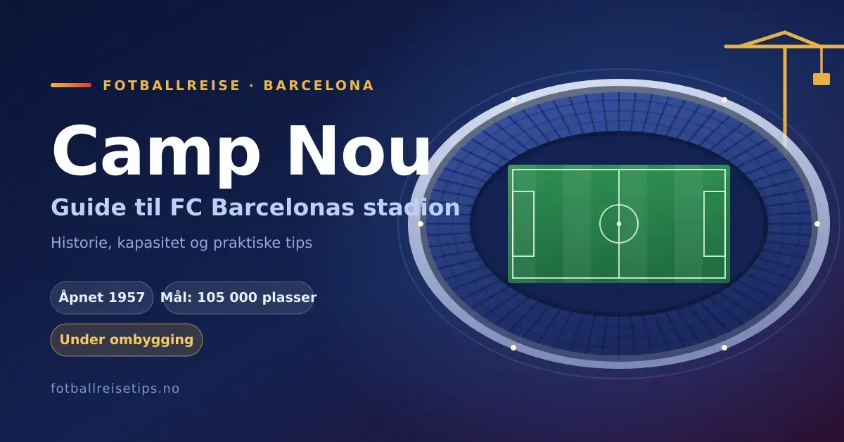 Illustrasjon av et ovalt fotballstadion sett ovenfra med en byggekran bak tribunene, ved siden av teksten «Camp Nou – guide til FC Barcelonas stadion».