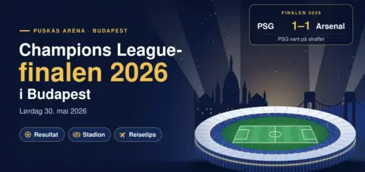 Illustrasjon av et opplyst stadion om natten foran Budapests silhuett med Parlamentet og Kjedebroen, med teksten «Champions League-finalen 2026 i Budapest» og resultatet PSG–Arsenal 1–1, der PSG vant på straffer.