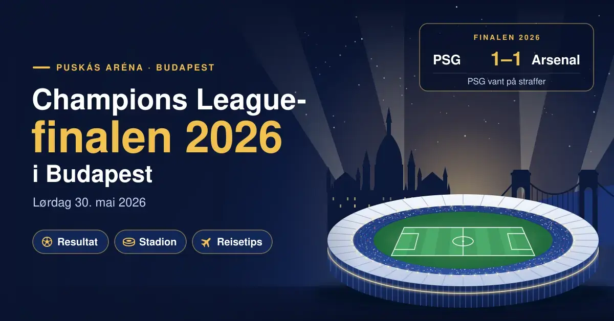 Illustrasjon av et opplyst stadion om natten foran Budapests silhuett med Parlamentet og Kjedebroen, med teksten «Champions League-finalen 2026 i Budapest» og resultatet PSG–Arsenal 1–1, der PSG vant på straffer.