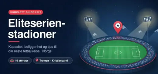 Illustrasjon av et flomlyst fotballstadion med fjell i bakgrunnen og en kartnål over banen, sammen med teksten «Eliteserien-stadioner – komplett guide 2026».