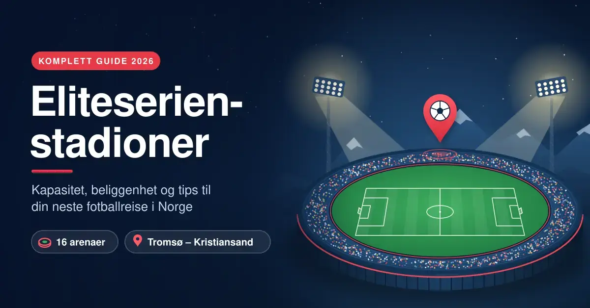 Illustrasjon av et flomlyst fotballstadion med fjell i bakgrunnen og en kartnål over banen, sammen med teksten «Eliteserien-stadioner – komplett guide 2026».