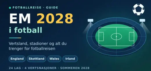 Grafikk med teksten «EM 2028 i fotball» og vertslandene England, Skottland, Wales og Irland, ved siden av en illustrert fotballstadion med lysmaster og en fotball.