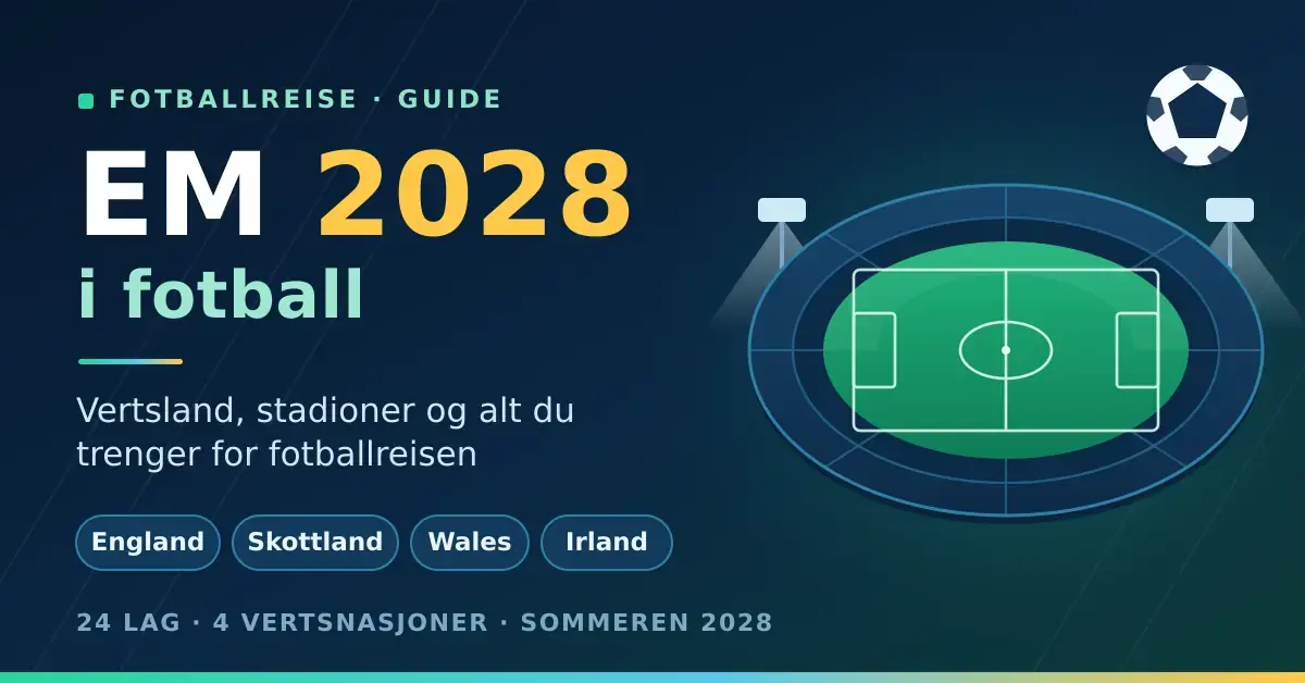 Grafikk med teksten «EM 2028 i fotball» og vertslandene England, Skottland, Wales og Irland, ved siden av en illustrert fotballstadion med lysmaster og en fotball.