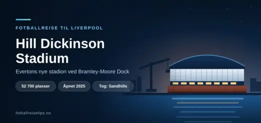 Grafikk av Evertons nye Hill Dickinson Stadium ved Bramley-Moore Dock i Liverpool, med nøkkelfakta om 52 700 plasser, åpning i 2025 og togstasjonen Sandhills.