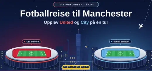 Illustrasjon av Manchester by natt med to fotballstadioner i rødt og lyseblått, merket Old Trafford og Etihad Stadium, forbundet av en gul trikk, et fly på vei inn og teksten «Fotballreise til Manchester – Opplev United og City på én tur».