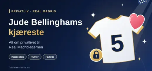 Illustrasjon med teksten «Jude Bellinghams kjæreste – Alt om privatlivet til Real Madrid-stjernen» ved siden av en hvit fotballdrakt med nummer 5, et rosa hjerte, en hengelås og blitslys mot mørkeblå stadionbakgrunn.