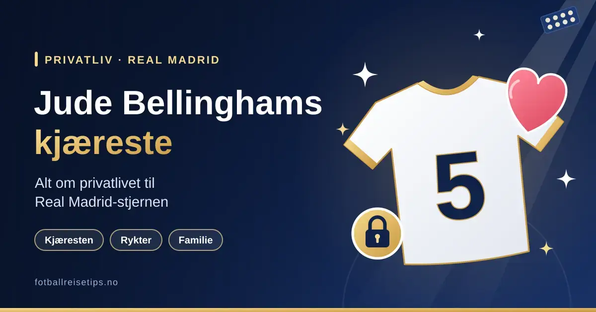 Illustrasjon med teksten «Jude Bellinghams kjæreste – Alt om privatlivet til Real Madrid-stjernen» ved siden av en hvit fotballdrakt med nummer 5, et rosa hjerte, en hengelås og blitslys mot mørkeblå stadionbakgrunn.
