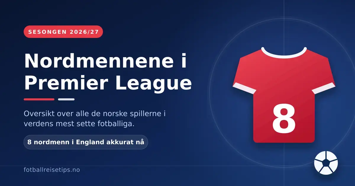 Grafikk på mørkeblå bakgrunn med en rød fotballdrakt med tallet 8 og en fotball, ved siden av teksten «Nordmennene i Premier League» og «8 nordmenn i England akkurat nå».