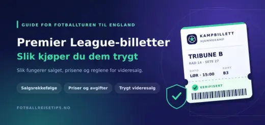 Grafikk med teksten «Premier League-billetter – slik kjøper du dem trygt» ved siden av en illustrert kampbillett med strekkode og et skjold med hake, som symboliserer trygt billettkjøp.