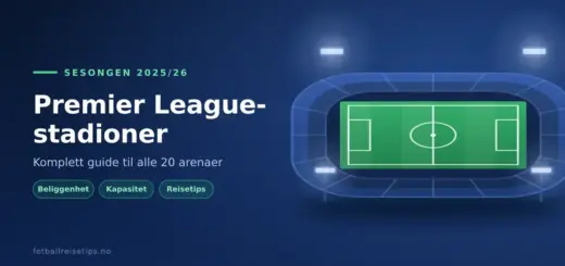 Stilisert grafikk av en fotballarena sett ovenfra med flomlys, med teksten «Premier League-stadioner – komplett guide til alle 20 arenaer» for sesongen 2025/26.