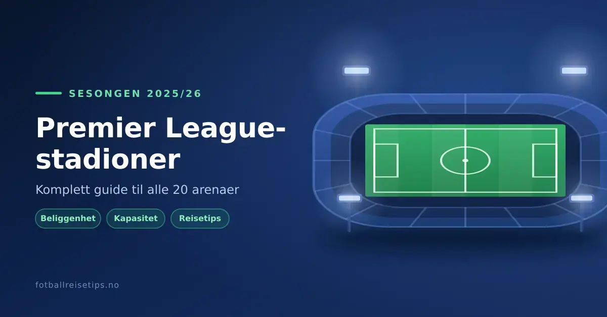 Stilisert grafikk av en fotballarena sett ovenfra med flomlys, med teksten «Premier League-stadioner – komplett guide til alle 20 arenaer» for sesongen 2025/26.