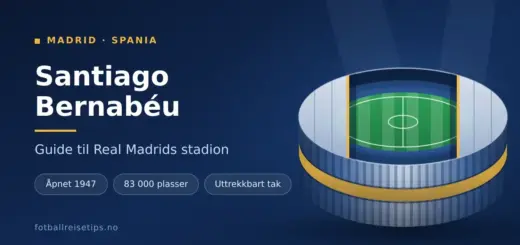 Illustrasjon av Santiago Bernabéu med tittelen «Guide til Real Madrids stadion» og nøkkelfakta om åpningsår, kapasitet og uttrekkbart tak.