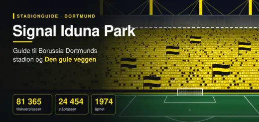Illustrasjon av Signal Iduna Park i Dortmund med Den gule veggen, en fullsatt gul ståtribune med svart-gule flagg, bak et fotballmål og en grønn gressbane, med tittel og nøkkeltall om stadionet.