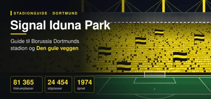 Illustrasjon av Signal Iduna Park i Dortmund med Den gule veggen, en fullsatt gul ståtribune med svart-gule flagg, bak et fotballmål og en grønn gressbane, med tittel og nøkkeltall om stadionet.