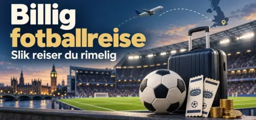 Illustrasjon av en rimelig fotballreise til England med fotballstadion, koffert, kampbilletter, fly og mynter, og teksten «Billig fotballreise – Slik reiser du rimelig».