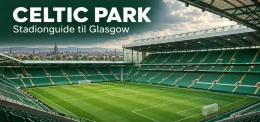 Illustrasjon av Celtic Park i Glasgow med grønne tribuner, fotballbane og teksten «Celtic Park – Stadionguide til Glasgow».