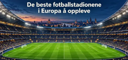 Illustrasjon av et opplyst fotballstadion med grønne gressmatter og en europeisk by i bakgrunnen, med teksten «De beste fotballstadionene i Europa å oppleve».
