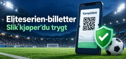 Mobil med digital kampbillett, et grønt skjold med hake og en fotball på et stadion, med teksten «Eliteserien-billetter – Slik kjøper du trygt».