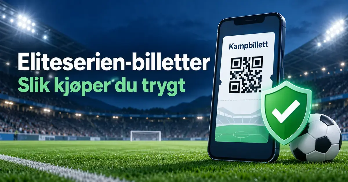 Mobil med digital kampbillett, et grønt skjold med hake og en fotball på et stadion, med teksten «Eliteserien-billetter – Slik kjøper du trygt».