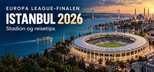 Illustrasjon av et fotballstadion ved Bosporos i solnedgang med Istanbuls silhuett og teksten «Europa League-finalen Istanbul 2026 – Stadion og reisetips».