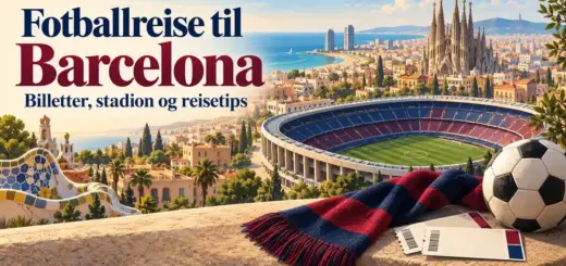 Illustrasjon av Barcelona med Sagrada Família, fotballstadion, fotball, billetter og et rødt og blått skjerf under teksten «Fotballreise til Barcelona – Billetter, stadion og reisetips».