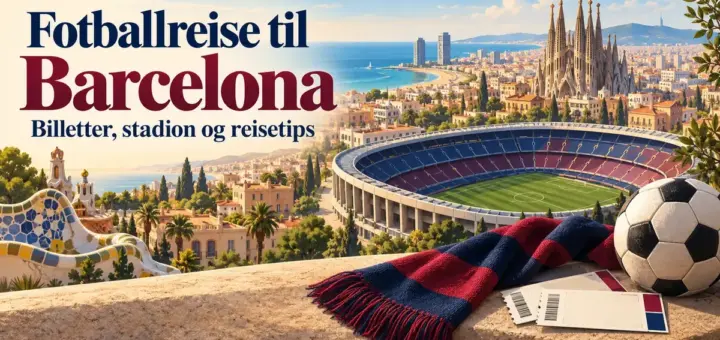 Illustrasjon av Barcelona med Sagrada Família, fotballstadion, fotball, billetter og et rødt og blått skjerf under teksten «Fotballreise til Barcelona – Billetter, stadion og reisetips».