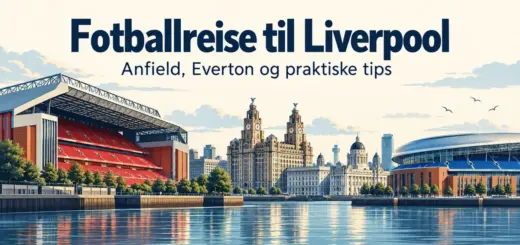 Illustrasjon av Anfield, Evertons stadion og Liverpools havnefront med teksten «Fotballreise til Liverpool – Anfield, Everton og praktiske tips».