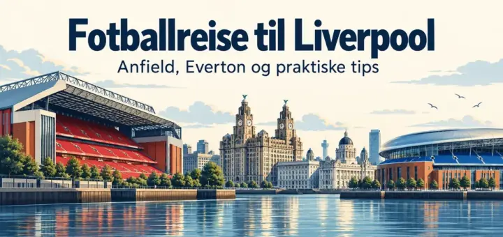 Illustrasjon av Anfield, Evertons stadion og Liverpools havnefront med teksten «Fotballreise til Liverpool – Anfield, Everton og praktiske tips».