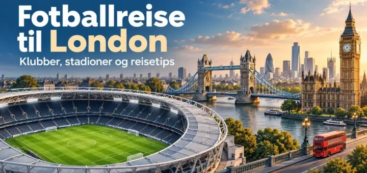 Illustrasjon av et fotballstadion i London med Big Ben, Tower Bridge og en rød dobbeltdekker under teksten «Fotballreise til London».