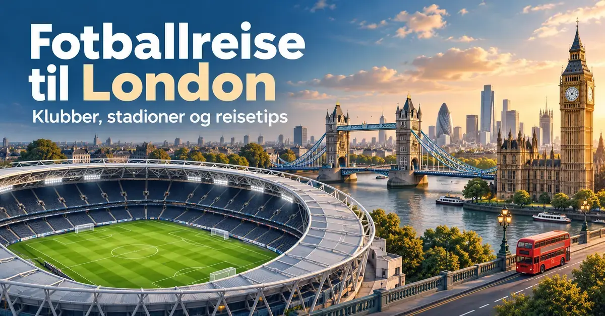 Illustrasjon av et fotballstadion i London med Big Ben, Tower Bridge og en rød dobbeltdekker under teksten «Fotballreise til London».
