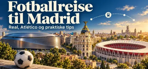 Illustrasjon av Madrids bysilhuett med to fotballstadioner, en fotball og teksten «Fotballreise til Madrid – Real, Atlético og praktiske tips».