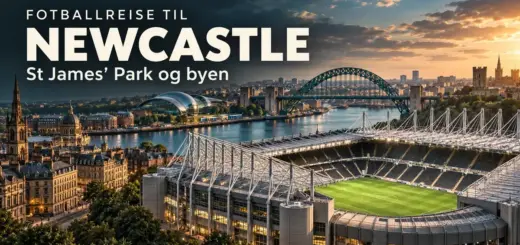 Illustrert montasje av St James’ Park, Tyne Bridge og Newcastle i solnedgang med teksten «Fotballreise til Newcastle – St James’ Park og byen».