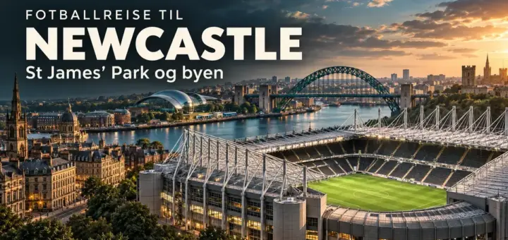Illustrert montasje av St James’ Park, Tyne Bridge og Newcastle i solnedgang med teksten «Fotballreise til Newcastle – St James’ Park og byen».