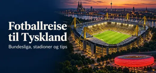 Illustrasjon av opplyste fotballstadioner i en tysk by ved solnedgang, med teksten «Fotballreise til Tyskland – Bundesliga, stadioner og tips».