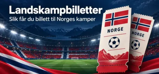 Illustrasjon av to landskampbilletter med norske flagg foran et opplyst fotballstadion, med teksten «Landskampbilletter – Slik får du billett til Norges kamper».