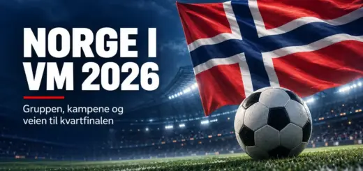 Norsk flagg og en fotball på et opplyst stadion med teksten «Norge i VM 2026 – Gruppen, kampene og veien til kvartfinalen».