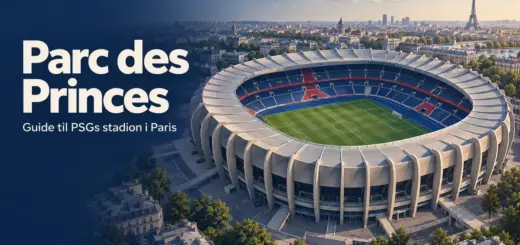 Illustrasjon av Parc des Princes med grønn fotballbane, blå og røde tribuner og Paris i bakgrunnen, med teksten «Parc des Princes – Guide til PSGs stadion i Paris».