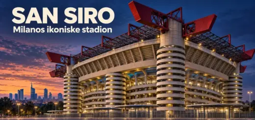 Illustrasjon av San Siro i Milano i skumringen, med karakteristiske spiraltårn, røde takbjelker og teksten «San Siro – Milanos ikoniske stadion».