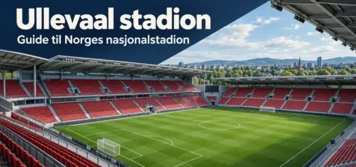 Illustrasjon av Ullevaal stadion med røde tribuner, grønn fotballbane og teksten «Ullevaal stadion – Guide til Norges nasjonalstadion».